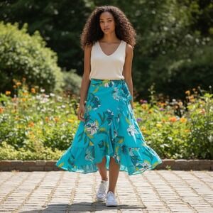 Worthington Womens Summer High Low Ruffle Skirt Sz M Floral Faux Wrap Blue Flowy